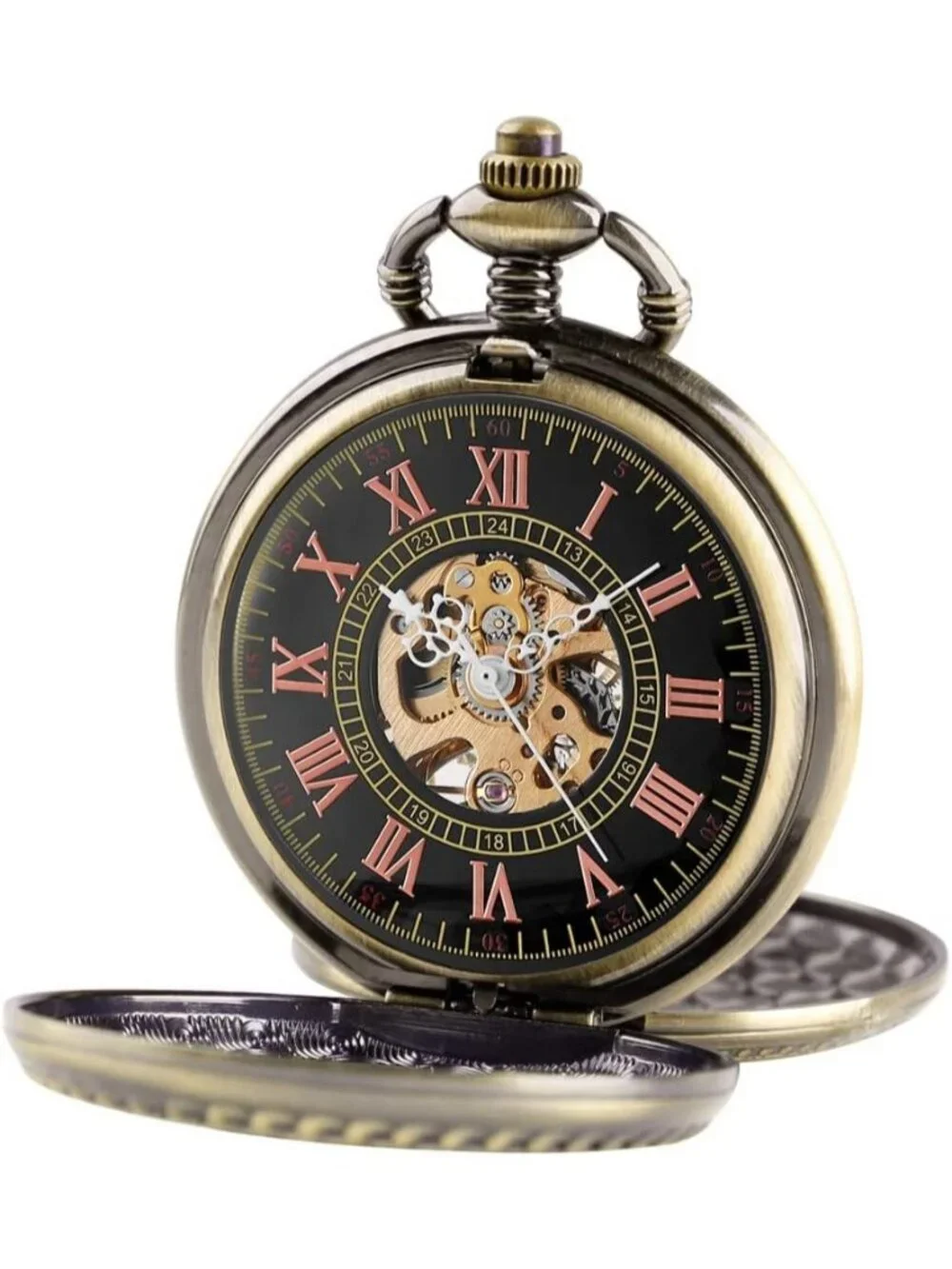 Men's Gold Bronze Skeleton Roman Numerals Hollow Mechanical Round Pocket Watch